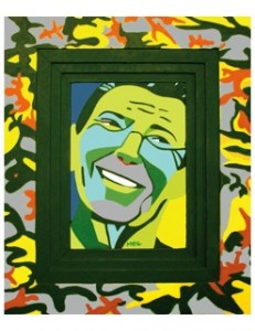 Originally, Gawecki's portrait of Ronald Reagan had a camouflage frame