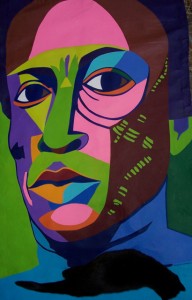 Miles Davis with cat.  39 x 57 inches acrylic on canvas curtain. 