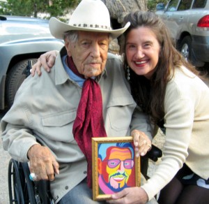 Herb Jeffries, at 100, with artist Marcia Gawecki and portrait, Idyllwild 2013.