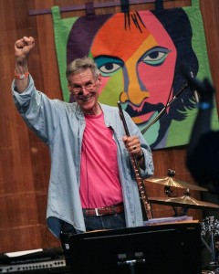 Tim Weisberg at Jazz in the Pines Idyllwild 2013 with Gawecki banner. Photo courtesy David Clements.