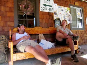 (From L) Bryan and Austin rest at the Mountain Center P.O. before camping at Lake Hemet